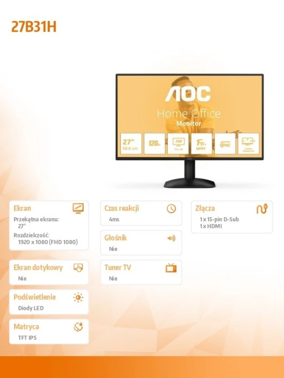 AOC Monitor 27B31H 27 cali IPS 120Hz HDMI VGA