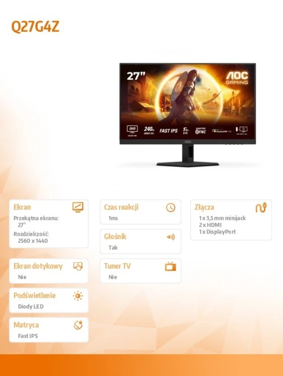 AOC Monitor Q27G4ZR 27 cali Fast IPS 240Hz HDMIx2 DP Pivot