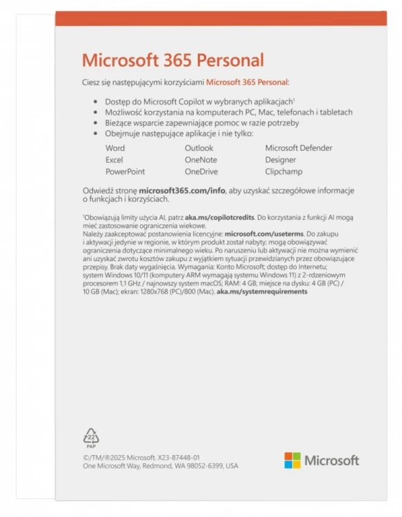 Microsoft M365 Personal PL 1Y 1U 5D Win/Mac Box EP2-32454  Zastępuje P/N: QQ2-01752