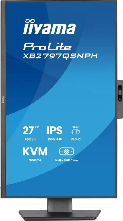 IIYAMA Monitor 27 cali Prolite XB2797QSNPH-B1,IPS,QHD,CAM,MIC,HDMI, DP, 4xUSB,75Hz, USB-C DOCK  96W, RJ45,KVM, 2x2W, 5MP WINDOWS HELLO, HAS 150,  350C