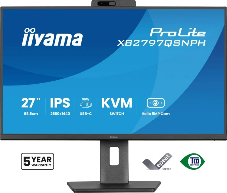 IIYAMA Monitor 27 cali Prolite XB2797QSNPH-B1,IPS,QHD,CAM,MIC,HDMI, DP, 4xUSB,75Hz, USB-C DOCK  96W, RJ45,KVM, 2x2W, 5MP WINDOWS HELLO, HAS 150,  350C