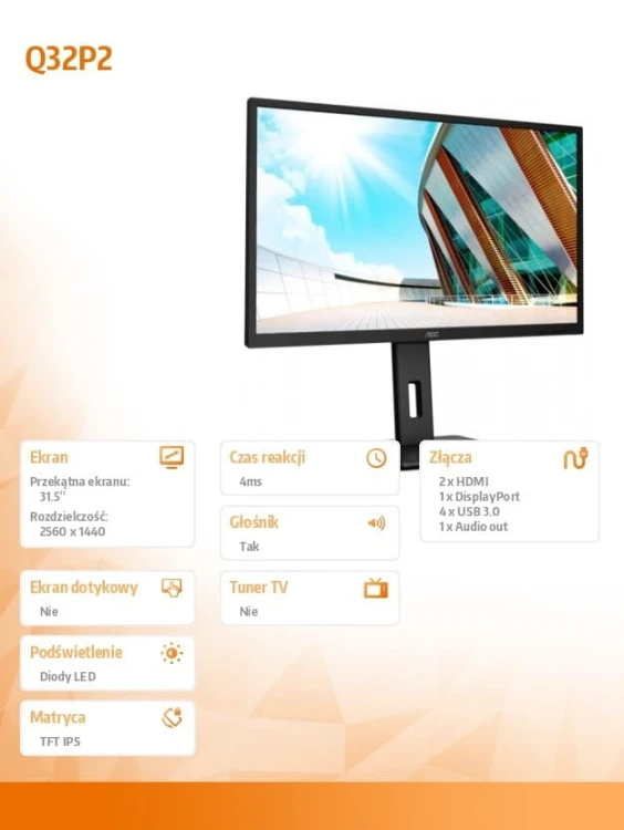 AOC Monitor Q32P2 31.5 cala IPS HDMIx2 DP regulacja wysokości