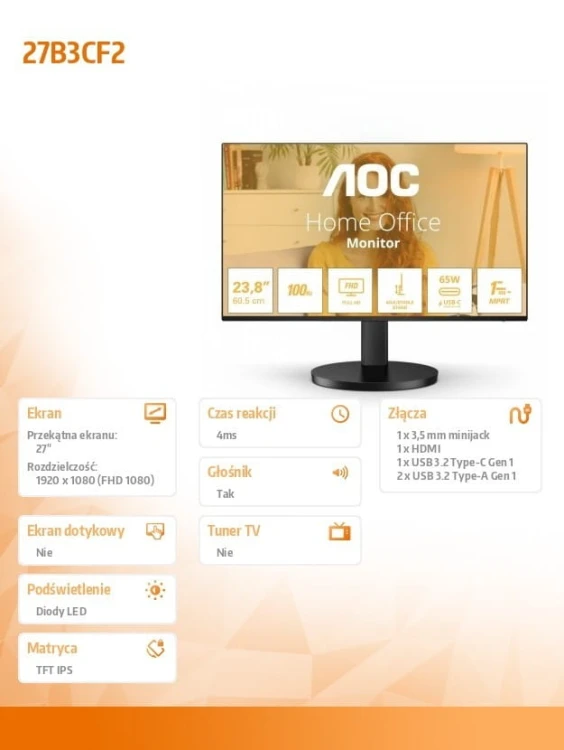 AOC Monitor 27B3CF2 27 cali IPS 100Hz HDMI USB-C HAS