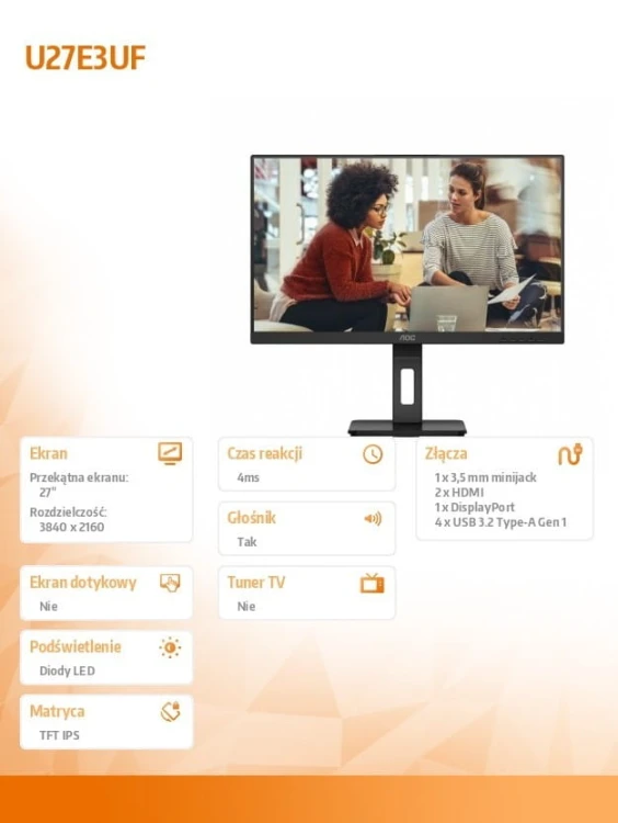 AOC Monitor 27 cali U27E3UF 4K IPS HDMIx2 DP Pivot Głośniki