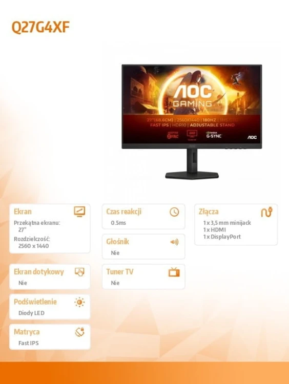 AOC Monitor Q27G4XF 27 cali 180Hz Fast IPS HDMI DP HAS
