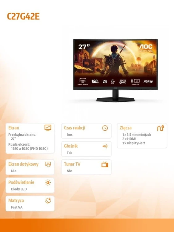 AOC Monitor C27G42E 27 cali 180Hz Curved VA HDMIx2 DP