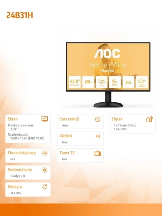 AOC Monitor 23.8 cala 24B31H IPS 120Hz HDMI VGA