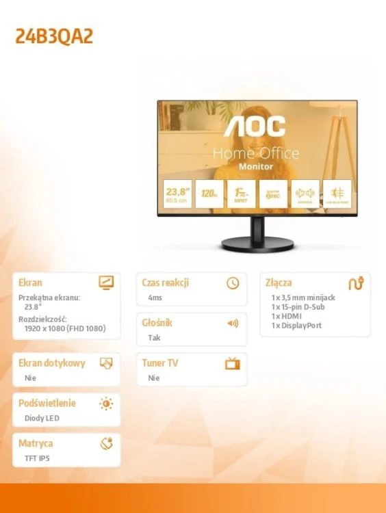 AOC Monitor 23.8 cala 24B3QA2 IPS 120Hz HDMI DP VGA Głośniki