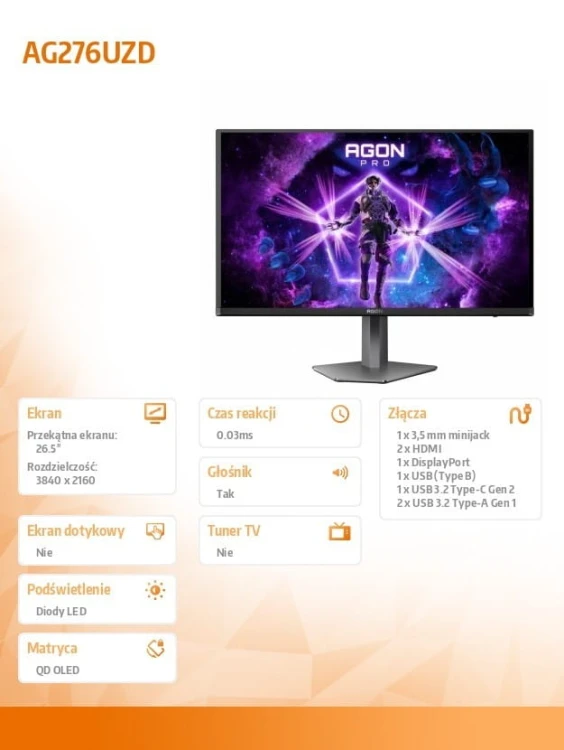 AOC Monitor 26.5 cala AG276UZD 4K QD-OLED 240Hz HDMIx2 DP USB-C Pivot