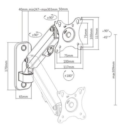 Gembird Ramię regulowane  do monitora do montażu na ścianie, do 27 cali/7 kg