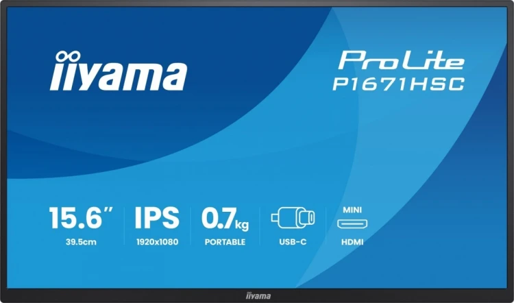 IIYAMA Monitor 15.6 cala P1671HSC-B1 IPS,FHD,miniHDMI,2xUSBC,250cd,8ms,2x1W,  0,7kg