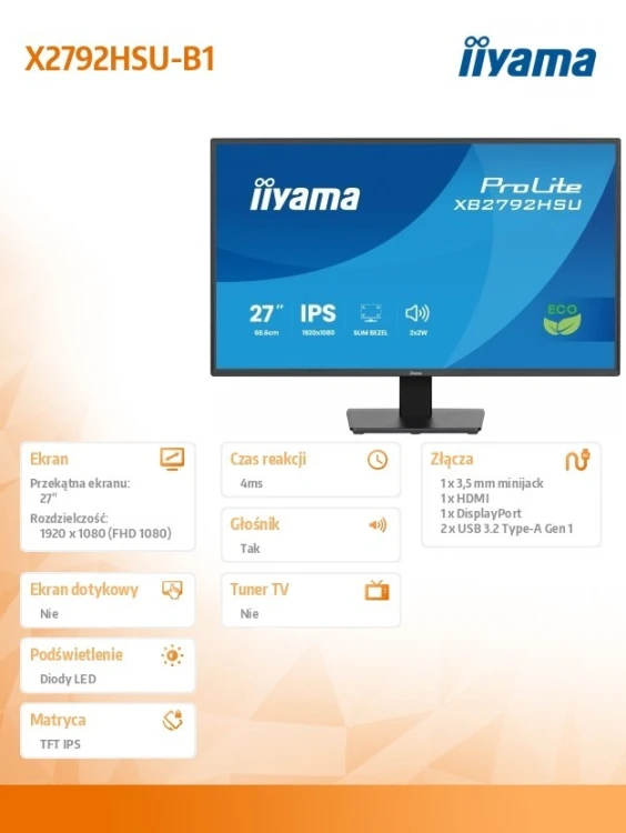IIYAMA Monitor 27 cali X2792HSU-B1 IPS,FHD,HDMI,DP,120Hz,350cd,4ms,         cienkie ramki, 1500:1, ErP B, USB HUBx2