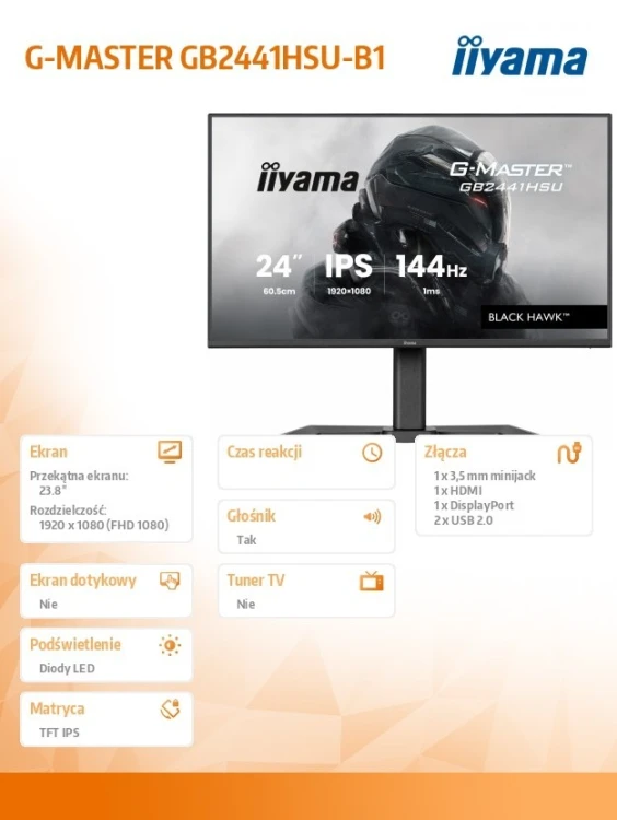IIYAMA Monitor 23,8 cala GB2441HSU-B1 IPS,FHD,144Hz,1ms,2xUSB,350cd,HDMI,DP,HAS (150) PIVOT