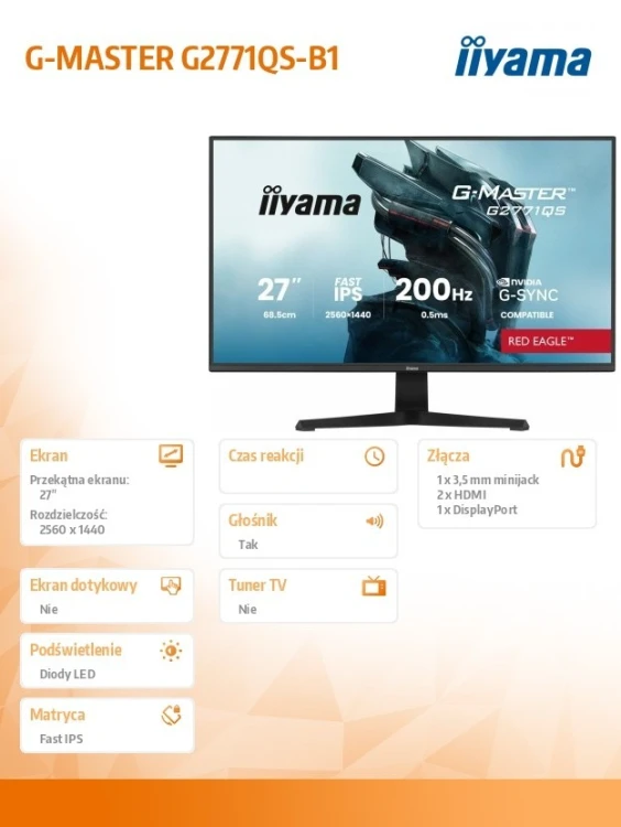 IIYAMA Monitor 27 cali G2771QS-B1  QHD,Fast IPS,DP,2xHDMI,200Hz,           350cd,Adaptive G-SYNC - 2560 x 1440 @48-200Hz DisplayPort Only