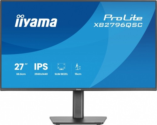 IIYAMA Monitor ProLite 27 cali XB2796QSC-B1 IPS,QHD,HDMI,USB-C (PD 65W),75Hz, 350cd, 1xUSB 3.2 , 1xUSB-C, 2x2W, HAS 150/PIVOT/obrót stopy 360st