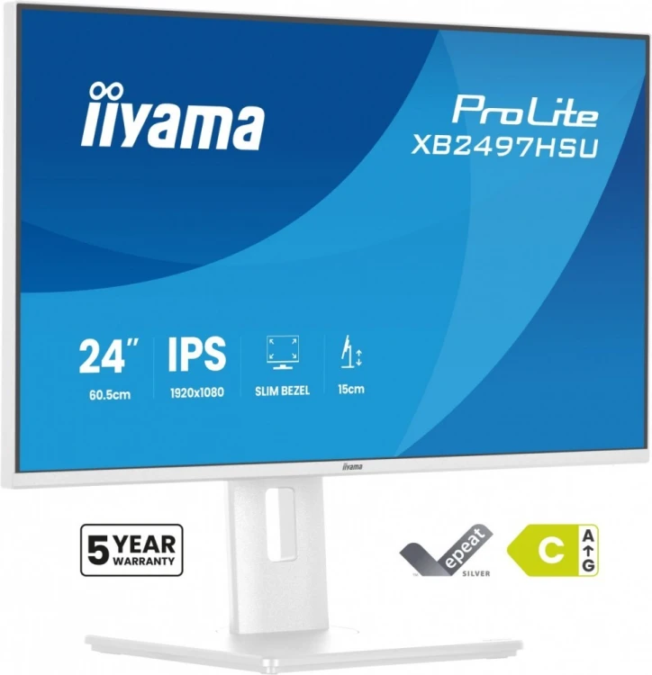IIYAMA Monitor ProLite 23.8 cala XB2497HSU-W1  IPS,FHD,HDMI,DP,120Hz,350CD,2xUSBv3.2, 2xUSB-C, GW 5lat, HAS 150/PIVOT, BIAŁY