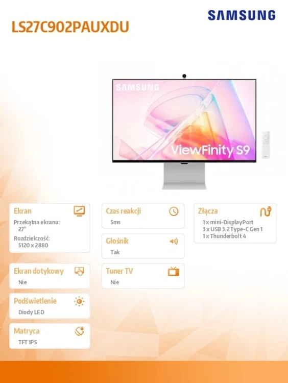 Samsung Monitor 27 cali Viewfinity S90PC IPS 5120x2880 5K/UHD+ 16:9 1xminiDP 1xTB4.0 (90W/15W) 3xUSB3.0 WiFi/BT 5ms 60 Hz HAS+PIV gł. płaski SMART 3Yd