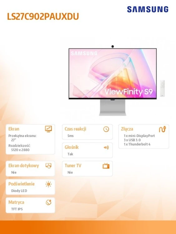 Samsung Monitor 27 cali Viewfinity S90PC IPS 5120x2880 5K/UHD+ 16:9 1xminiDP 1xTB4.0 (90W/15W) 3xUSB3.0 WiFi/BT 5ms 60 Hz HAS+PIV gł. płaski SMART 3Yd
