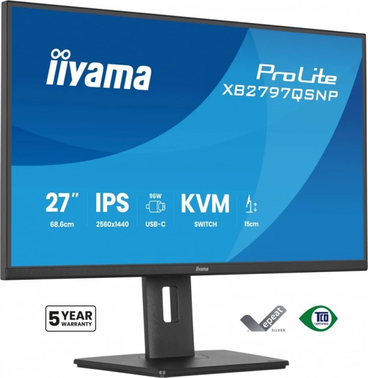 IIYAMA Monitor  27 cali XB2797QSNP-B1 IPS,QHD,USB-c Dock 96W,HDMI, 350cd,1ms, DP, DisplayPort x1 (Daisy Chain MST max. 2560 x1440), USB HUB x4, RJ45