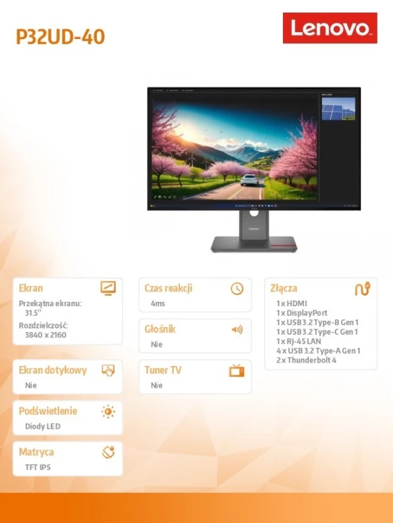 Lenovo Monitor ThinkVision P32UD-40 31.5 cala 64A8XAT2EU