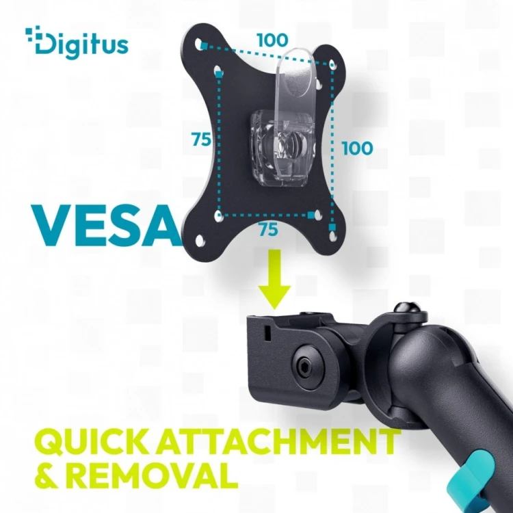 Digitus Ramię biurkowe pojedyncze z zaciskiem i sprężyną mechaniczną 1x LCD max. 35" 10kg, VESA: 75x75, 100x100, czarne