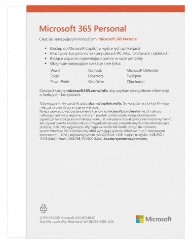 Microsoft M365 Personal PL 1Y 1U 5D Win/Mac Box EP2-32454  Zastępuje P/N: QQ2-01752