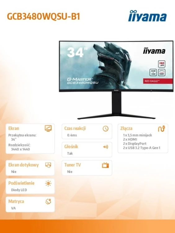 IIYAMA Monitor 34 cale GCB3480WQSU-B1 VA,UWQHD,180HZ,0.4ms,1500R(Curved),   2xHDMI,2xDP,2xUSB 3.2,2x3W,HDR400,HAS(110mm),VESA(100x100mm)