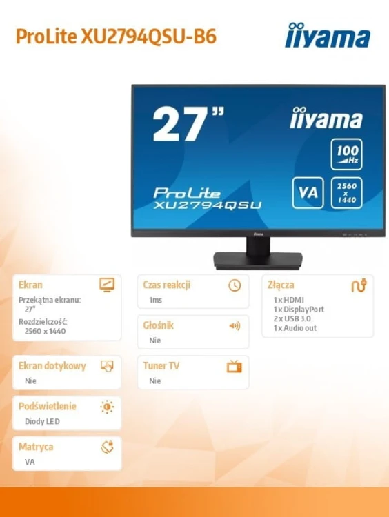 IIYAMA Monitor 27 cali XU2794QSU-B6 VA,QHD,HDMI,DP,100Hz,2xUSB 3.2,2x2W
