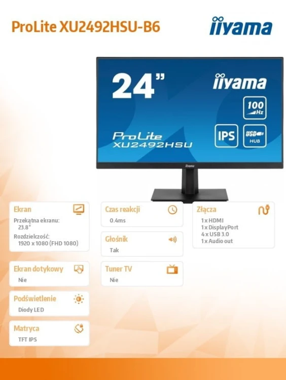 IIYAMA Monitor 23.8 cala XU2492HSU-B6 IPS,FHD,HDMI,DP,100Hz,4xUSB3.2,SLIM,2x2W