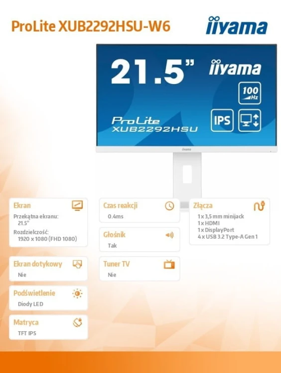 IIYAMA Monitor 21.5 cala ProLite XUB2292HSU-W6 IPS,100Hz,FreeSync,PIVOT,0.4ms,HDMI,  DP,4xUSB(3.2),2x2W,HAS(150mm), Biały