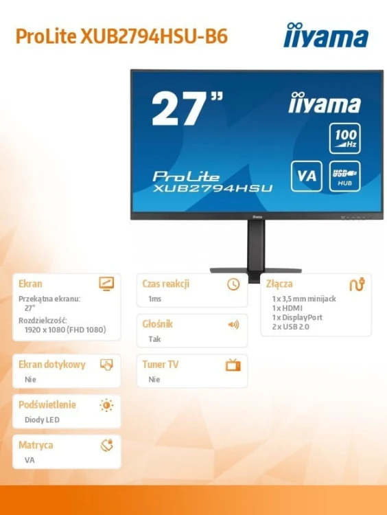 IIYAMA Monitor 27 cali ProLite XUB2794HSU-B6 VA,FHD,100HZ,4000:1,1MS,HDMI,DP,2xUSB,  FreeSync,2x2W,HAS(150mm),PIVOT
