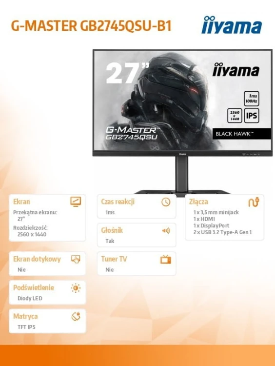 IIYAMA Monitor 27 cali G-Master GB2745QSU-B1 IPS,QHD,100Hz,1ms,2xUSB,2x2W,FreeSync,  HAS(150mm)