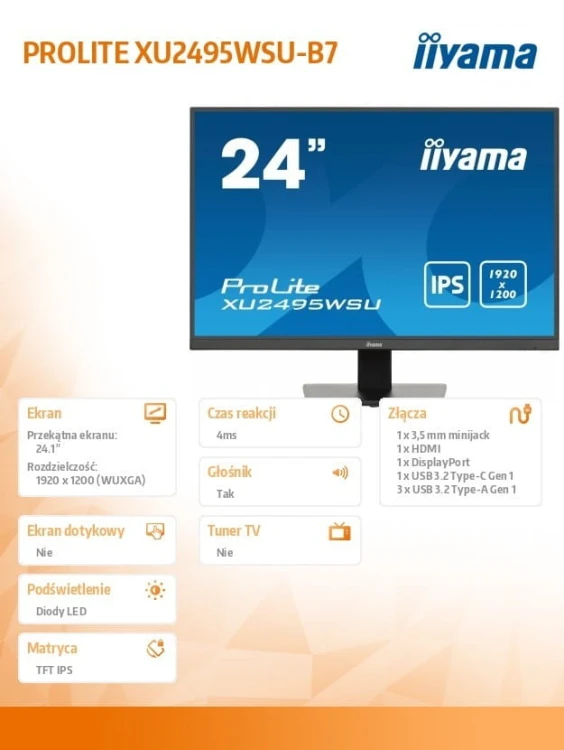 IIYAMA Monitor 24 cale XU2495WSU-B7 IPS,16:10,300cd,4ms,HDMI,DP,3xUSB(3.2),  1xUSB-c,2x2W,FlickerFree
