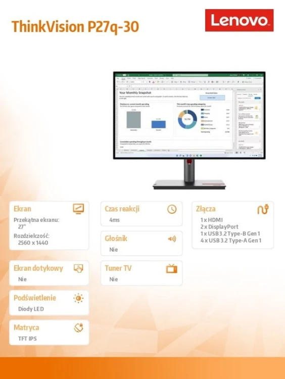 Lenovo Monitor 27 cali ThinkVision P27q-30 WLED LCD 63A2GAT1EU
