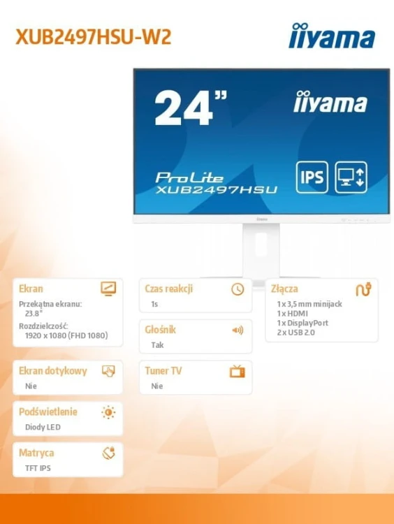 IIYAMA Monitor 24 cale XUB2497HSU-W2 IPS, HDMI, DP, 2x2W, 2xUSB, Pivot, HAS(150mm) /5y/