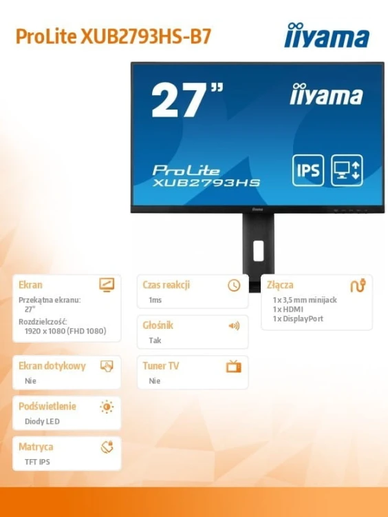 IIYAMA Monitor 27 cali XUB2793HS-B7,IPS,FHD,HDMI,DP,2x2W,300cd
