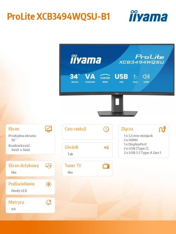 IIYAMA Monitor 34 cali XCB3494WQSU-B1 VA,UWQHD,1500R,2xHDMI,DP,2xUSB,2xUSB-C