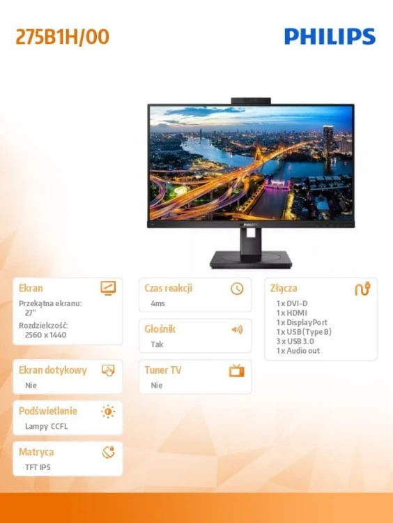 Philips Monitor 275B1H 27 cali IPS DVI HDMI DP Pivot Webcam