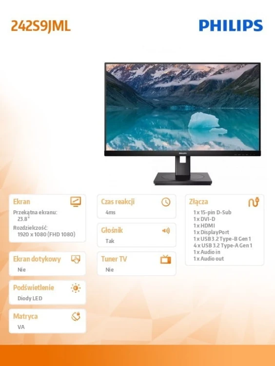 Philips Monitor 23,8 cali 242S9JML VA DVI HDMI DP Pivot