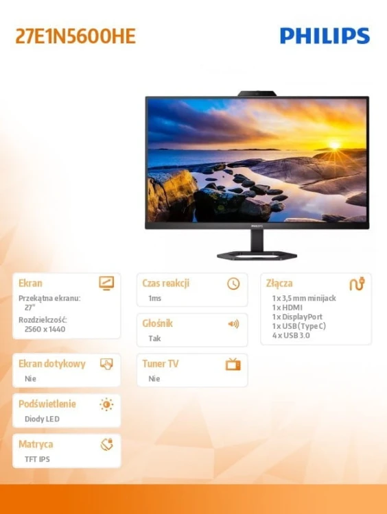 Philips Monitor 27 cali 27E1N5600HE IPS HDMI DP USB-C Pivot Kamera Głośniki