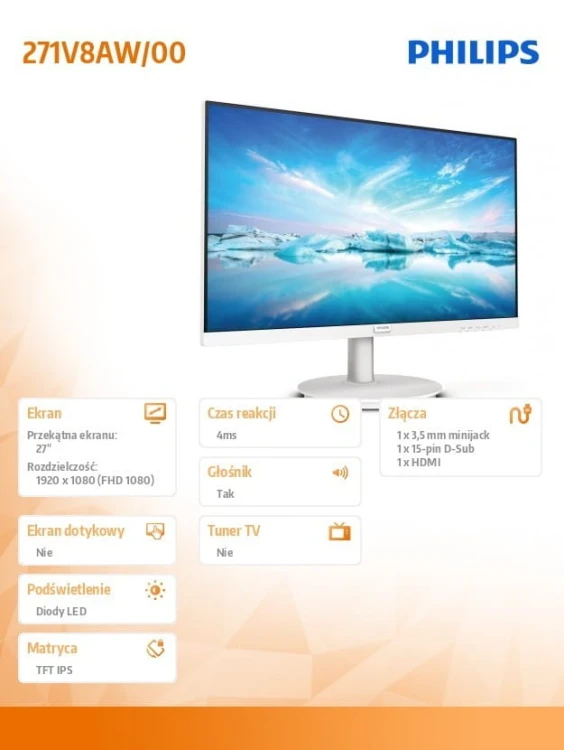 Philips Monitor 271V8AW 27 cali IPS HDMI Głośniki Biały