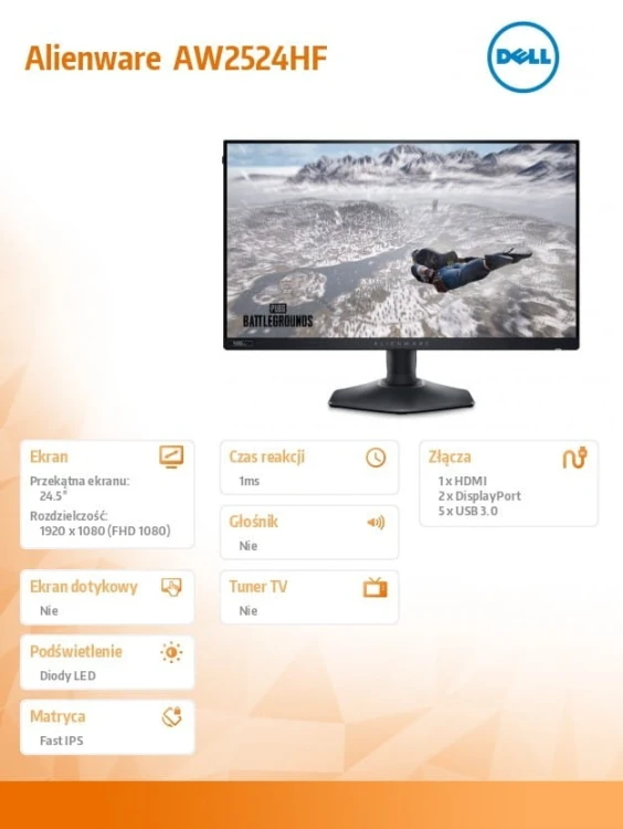 Dell Monitor Alienware AW2524HF 24.5 cala AMD FreeSync Premium 500Hz Full HD (1920x1080)/16:9/DP/HDMI/USB/3Y AES&PPE