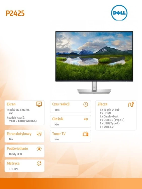 Dell Monitor P2425 24 cale IPS 16:10 WUXGA/HDMI/USBC/DP/VGA/USB/3Y