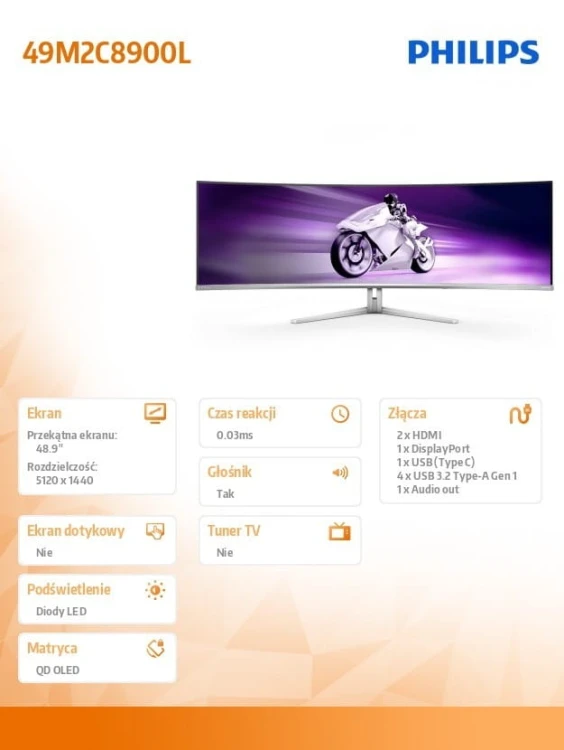 Philips Monitor zakrzywiony 49M2C8900L 48.9 cala QD OLED 144Hz HDMIx2 DP USB-C KVM HAS