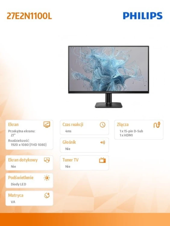 Philips Monitor 27E2N1100L 27 cali VA 100Hz HDMI VGA