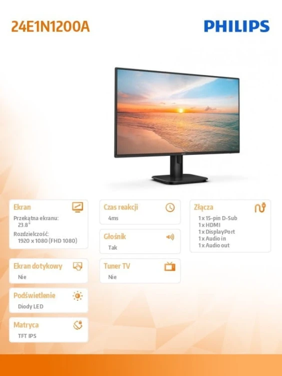 Philips Monitor 24E1N1200A IPS 100Hz HDMI DP VGA Głośniki