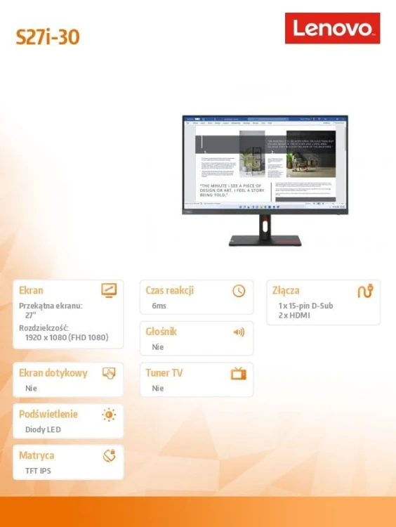 Lenovo Monitor ThinkVision S27i-30 27 cali 63DFKAT4EU