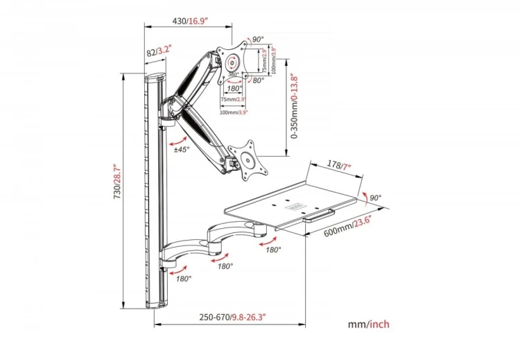 Digitus Ramię naścienne pojedyncze 1xLCD + klawiatura, max. 32" i 8kg uchylno-obrotowe 360° (PIVOT)