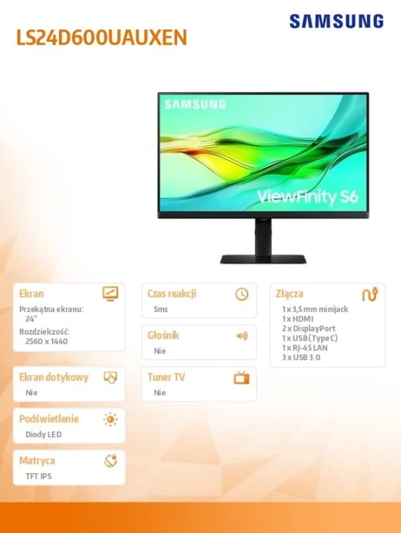 Samsung Monitor 24 cale ViewFinity S60UD IPS 2560x1440 WQHD 16:9 1xHDMI 2xDP(In+Out) 1xUSB-C 90W 3xUSB 3.0 LAN KVM 5ms PinP/PbyP 100Hz HAS+PIV płaski