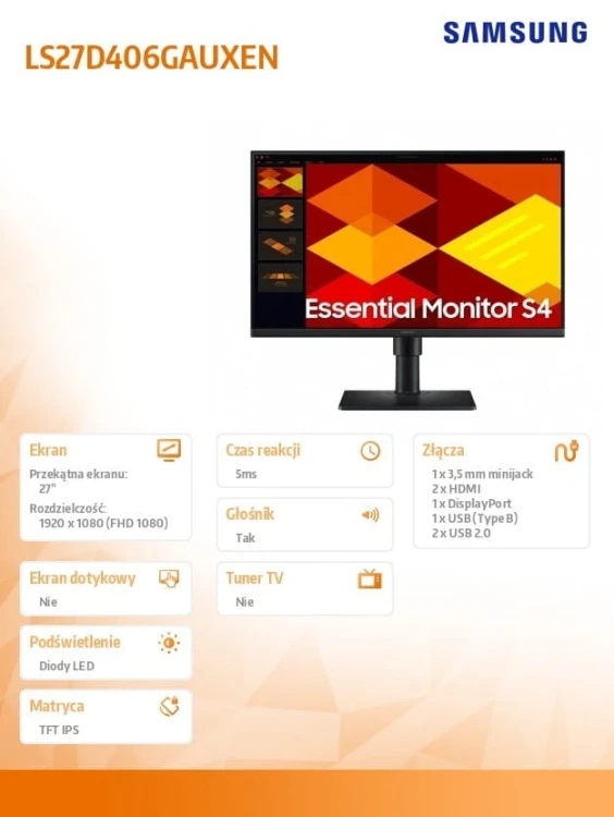 Samsung Monitor 27 cali S40GD IPS 1920x1080 FHD 16:9 2xHDMI 1xDP 2xUSB-A 2.0 1xUSB-B 5ms 100Hz HAS+PIV głośniki płaski 3YOn-Site (LS27D406GAUXEN)
